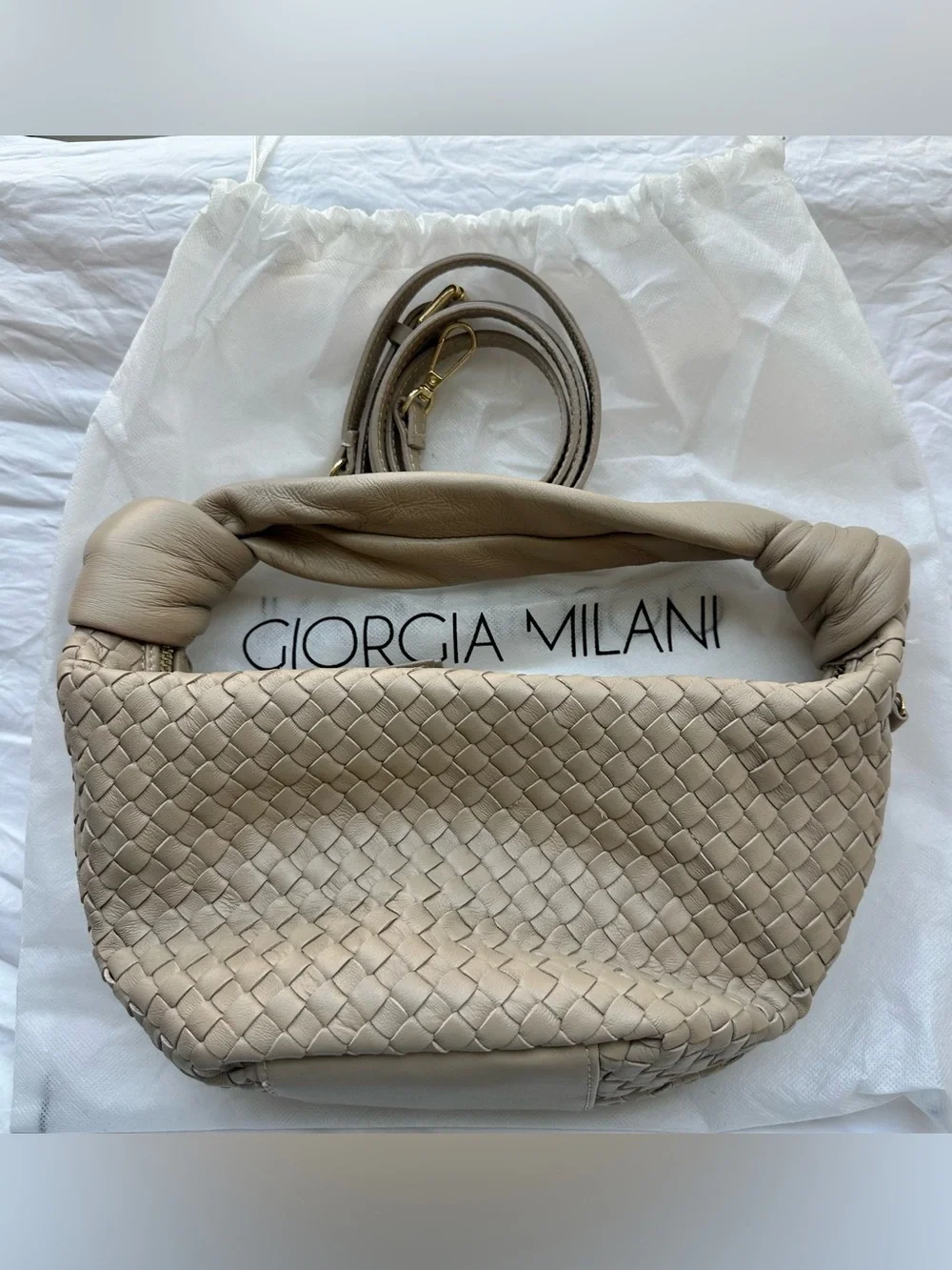 Georgia Milano Leather Woven Crossbody Bag in Taupe